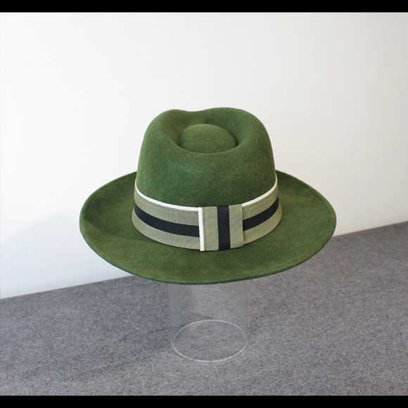 High Quality Unisex Green Australian Wool Fedora stripe ribbon hat - Picture 5 of 10